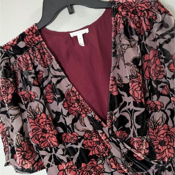Leith Pink Rose burnout floral velvet tulip sleeve faux wrap dress womens M - Picture 6 of 9